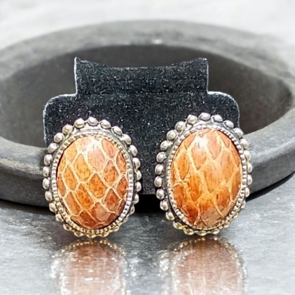 Vintage Brown Faux Leather Western Clip-On Earrings Repaired Unmarked